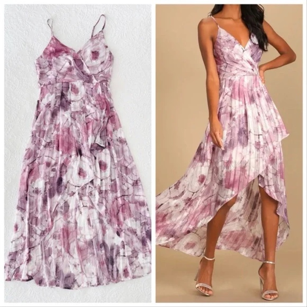 Lulus An Enchanting Dream Purple Multi Print High-Low Maxi Dress Medium